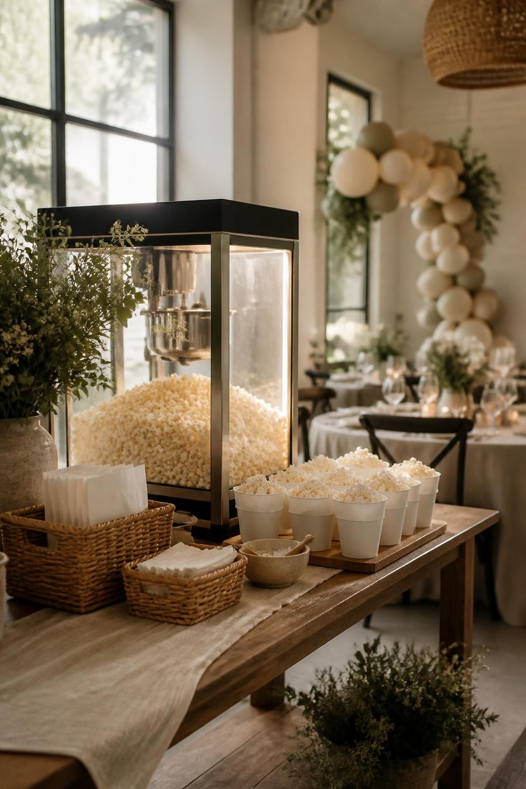 Modern event venue with a styled popcorn station and party setup.