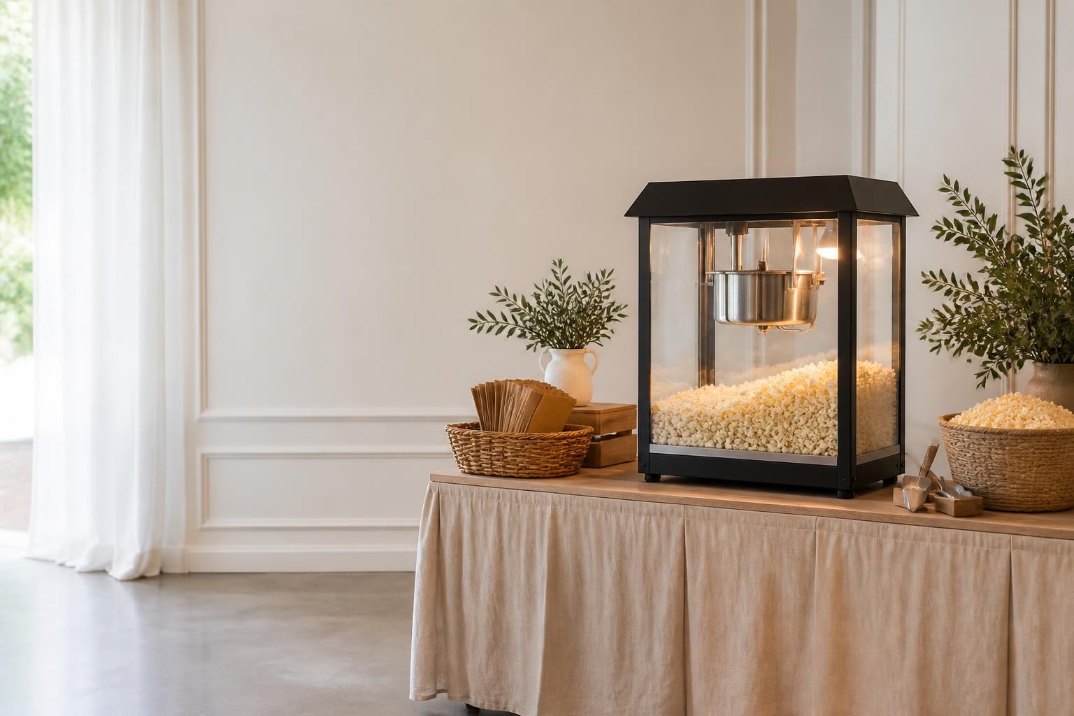Clean event catering setup with a polished popcorn station and open space.