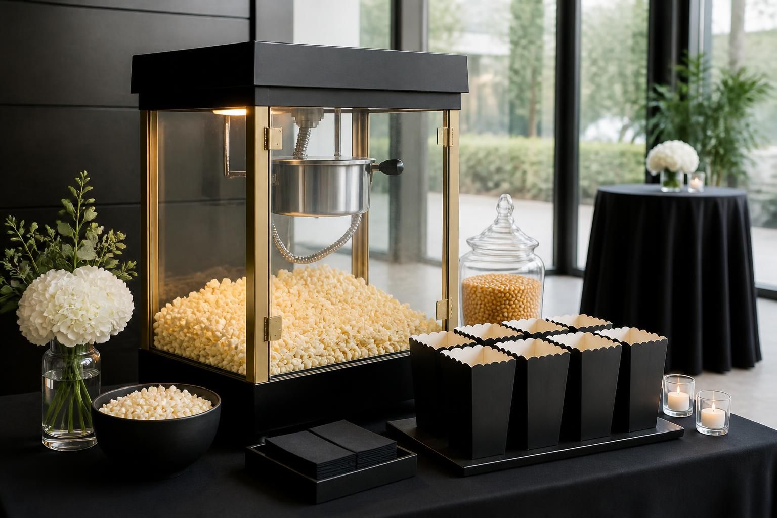 Premium popcorn station at a formal business celebration.