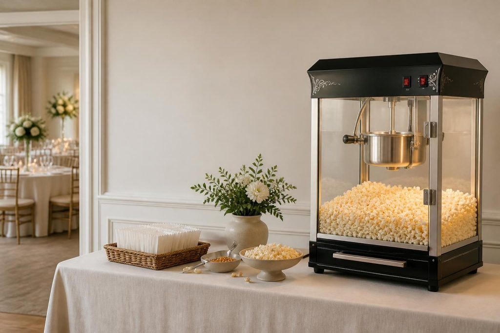 Elegant event table with popcorn machine in a refined celebration venue.